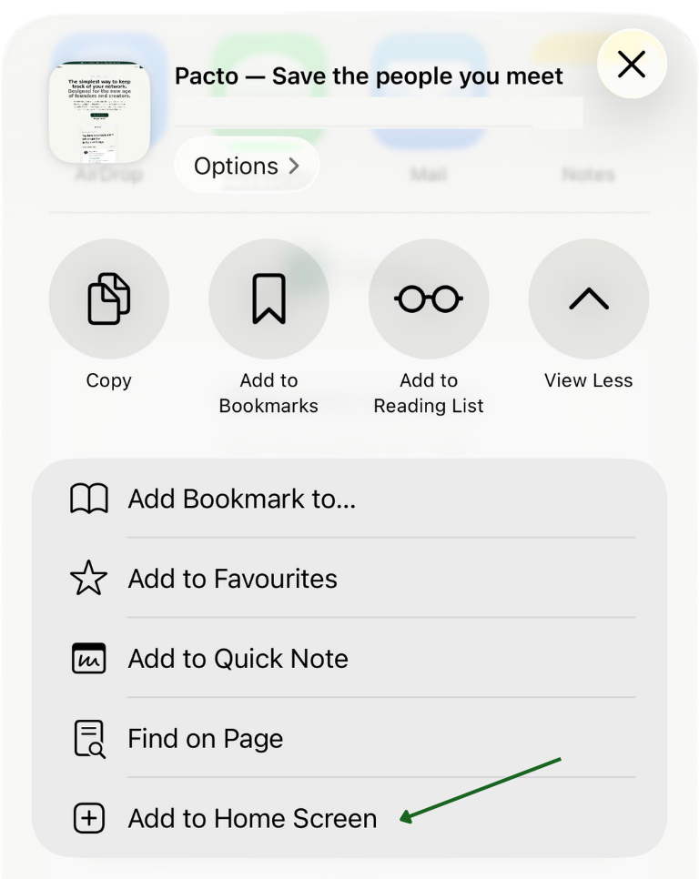 iPhone Safari share sheet with Add to Home Screen highlighted