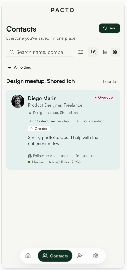 Pacto contacts list showing saved people grouped by where you met them