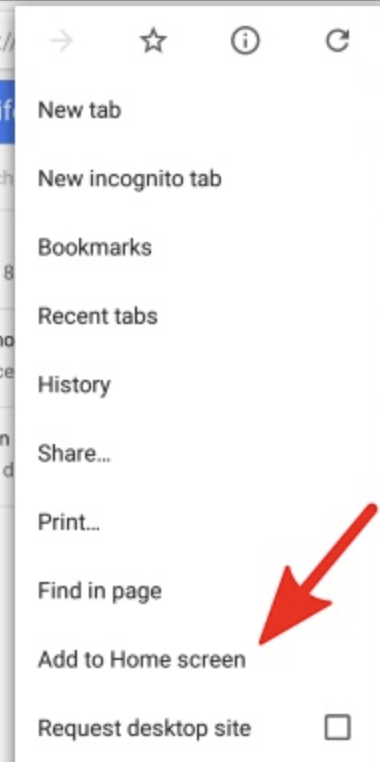 Android Chrome menu with Add to home screen highlighted