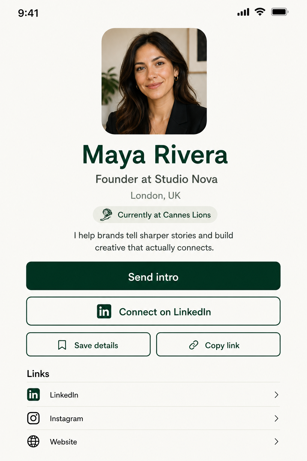 Pacto creator card showing a profile, Send intro button and social links