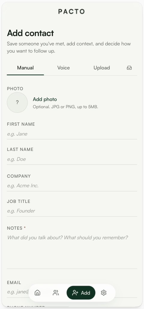 Pacto add contact screen with manual entry fields